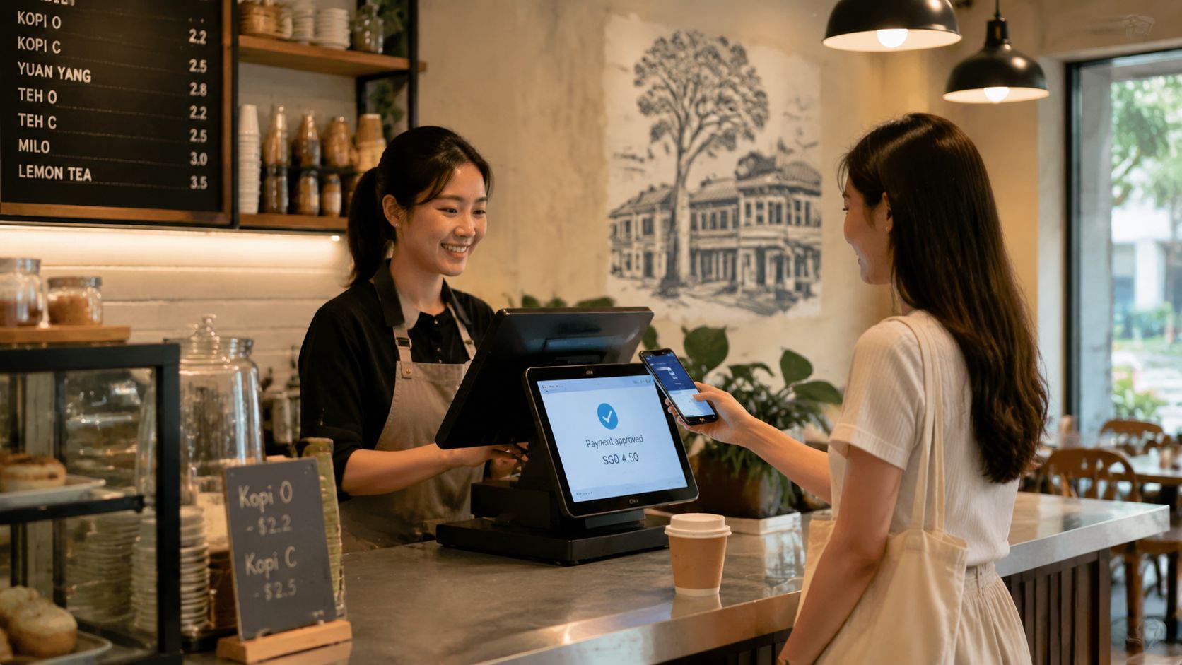 A friendly barista accepting a mobile payment from a customer using an Android POS system in a cafe.