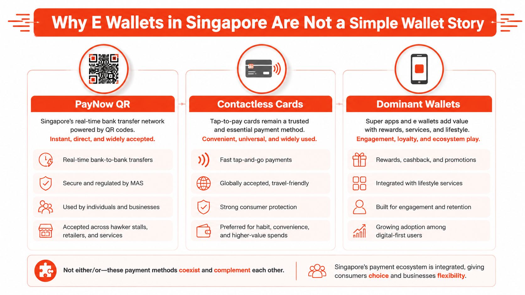 An infographic detailing the various digital payment methods available in Singapore, including PayNow QR, contactless cards, and e-wallets.
