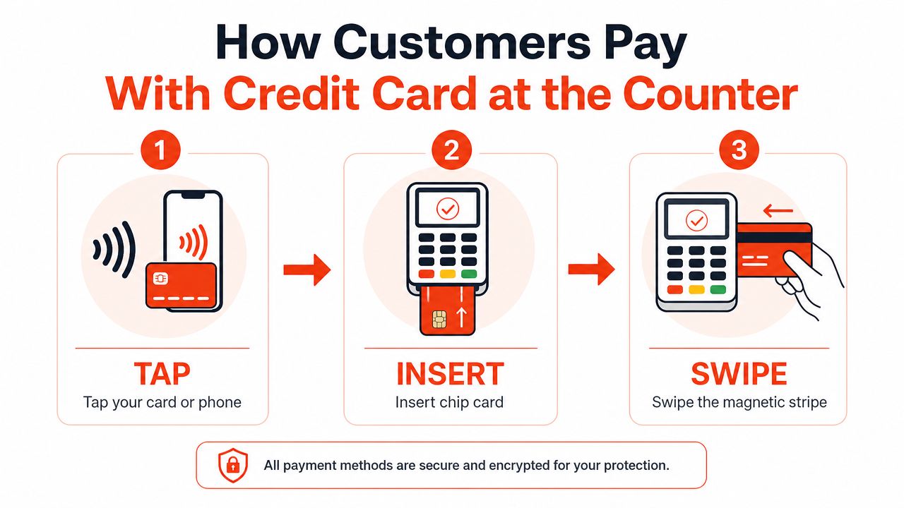 A diagram illustrating three methods to pay with credit card: tapping, inserting, or swiping at a terminal.