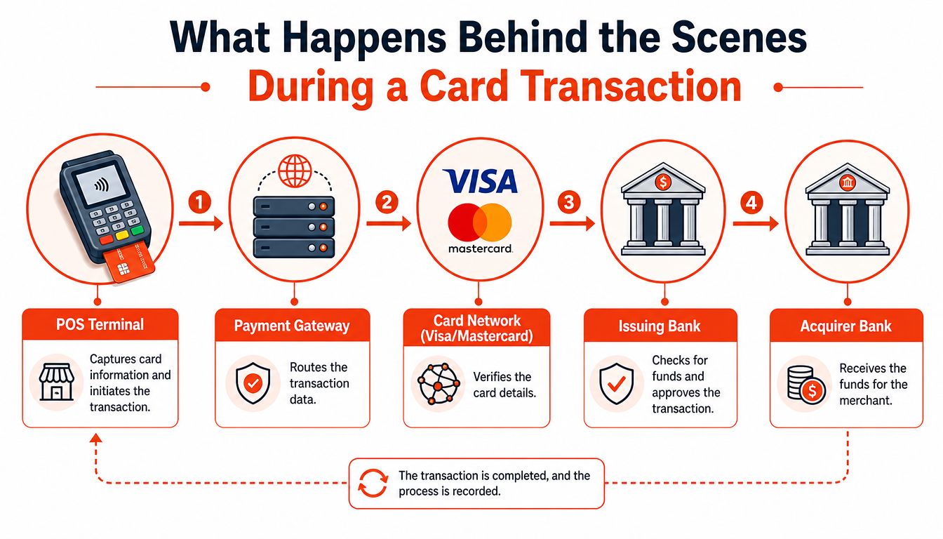 A diagram illustrating the step-by-step process of how a credit card transaction works behind the scenes.