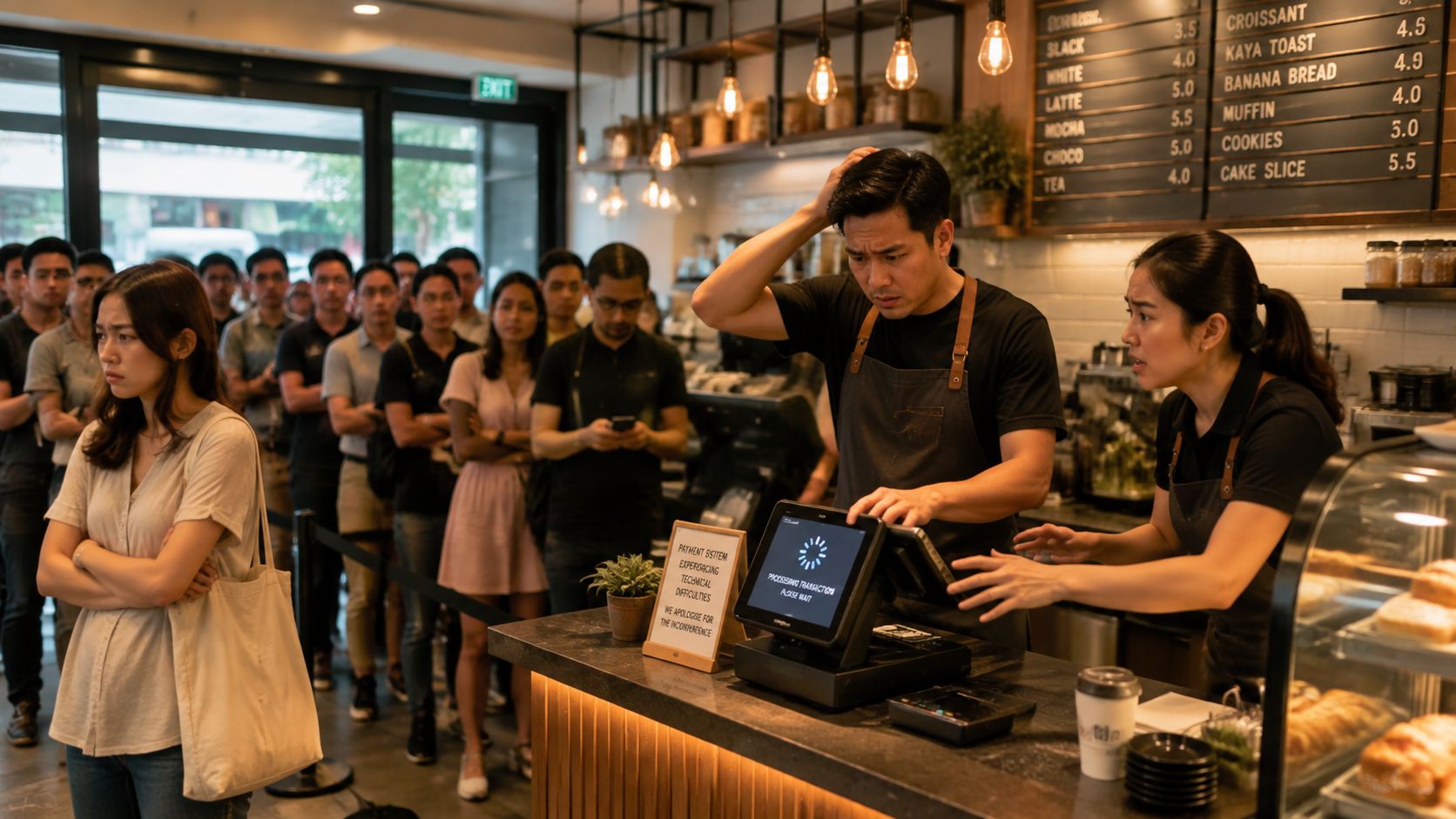A cafe staff member looking stressed at a broken POS machine while a long queue of customers waits.
