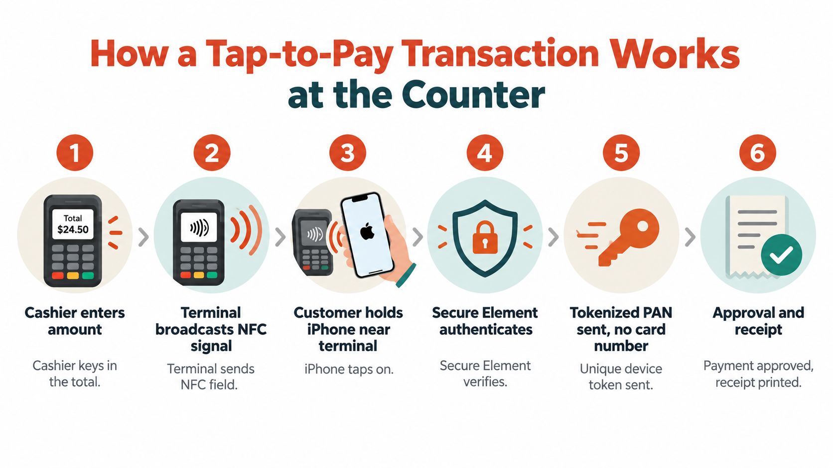 A six-step diagram illustrating how a contactless tap-to-pay transaction works at a retail store counter.