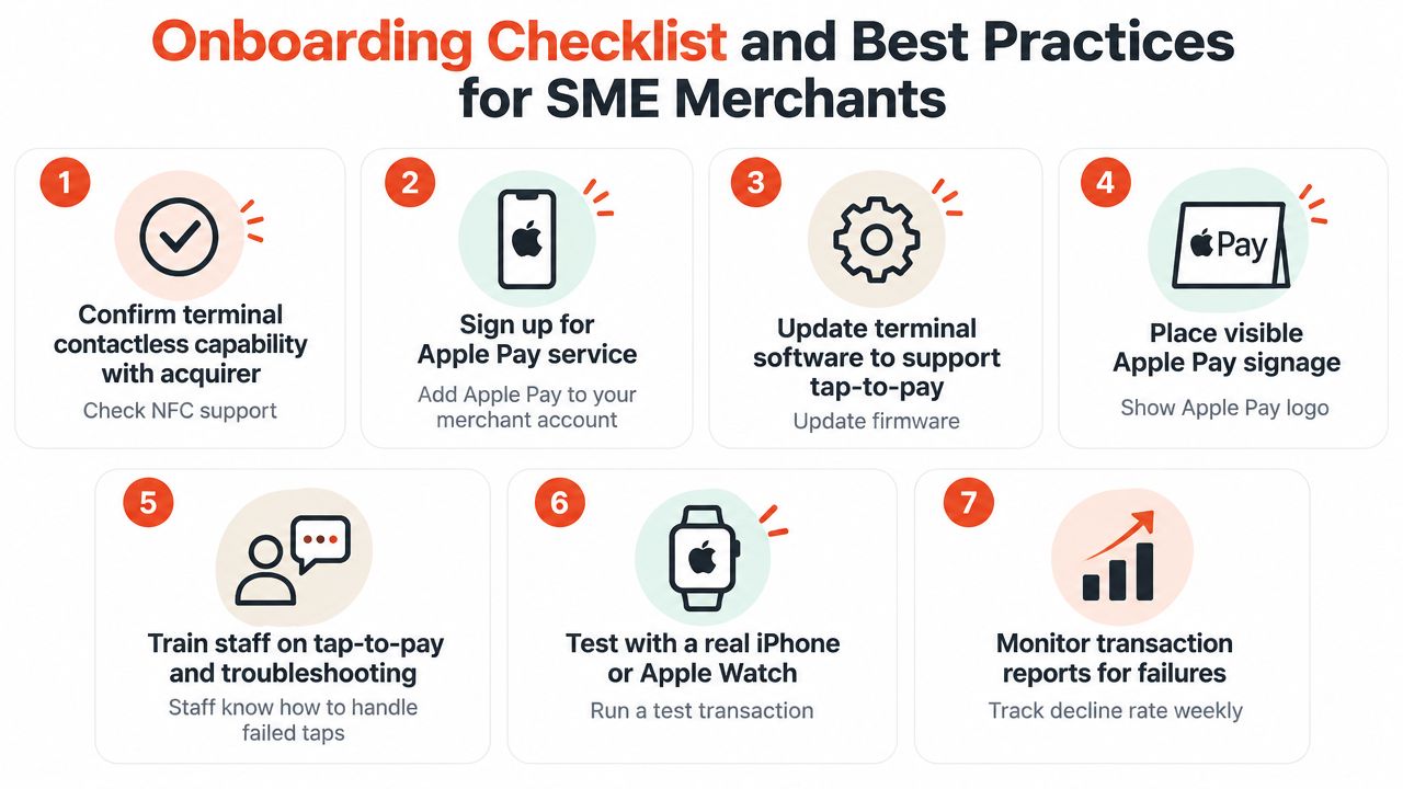 A checklist infographic outlining seven steps for small and medium-sized merchants to onboard Apple Pay payment services.