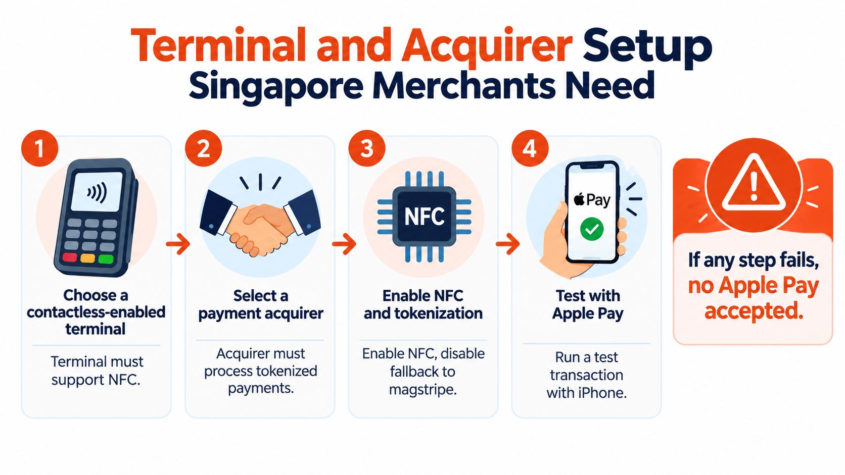 A four-step infographic explaining the terminal and acquirer setup requirements for accepting Apple Pay in Singapore.