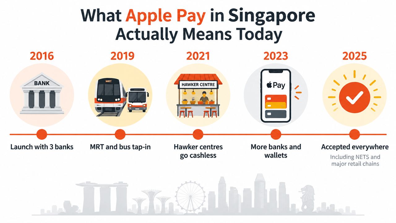 A timeline graphic illustrating the evolution of Apple Pay adoption in Singapore from 2016 to 2025.