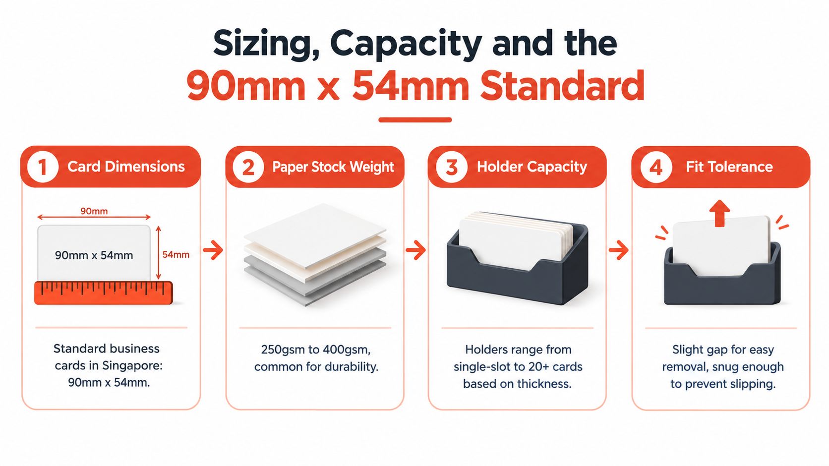 An infographic showing dimensions, paper weight, capacity, and fit tolerance for standard Singapore business cards.