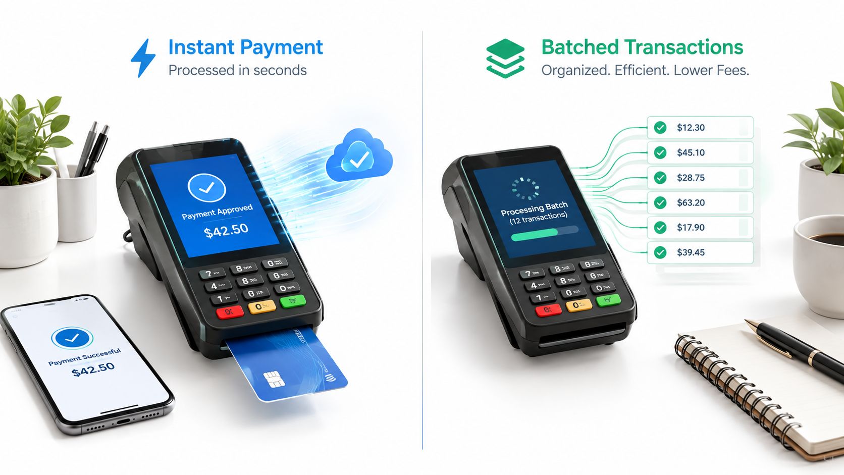 A side-by-side comparison showing an instant card payment and a batched transaction process using modern payment terminals.
