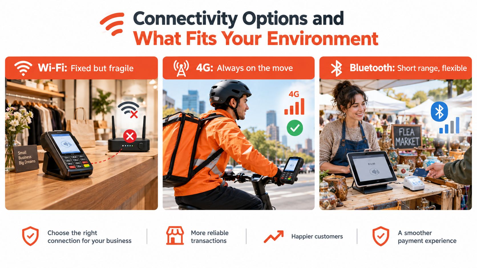 A visual guide comparing connectivity options for card readers, including Wi-Fi, 4G, and Bluetooth for businesses.