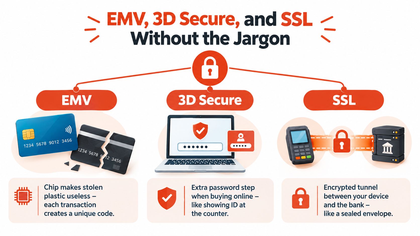 An infographic explaining EMV chips, 3D Secure verification, and SSL encryption for secure online financial transactions.