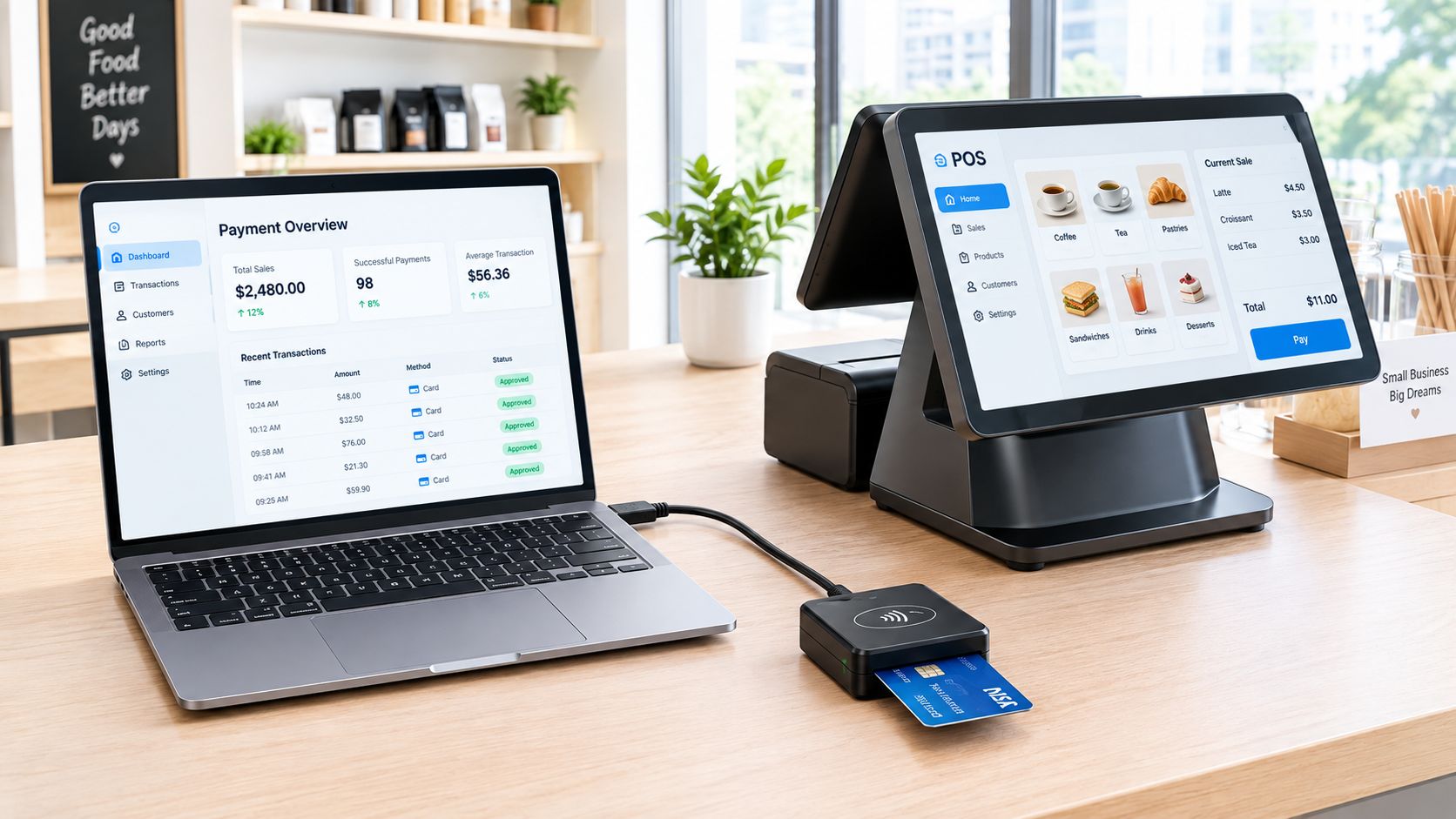 A modern point of sale system with a laptop, card reader, and tablet screen on a counter.