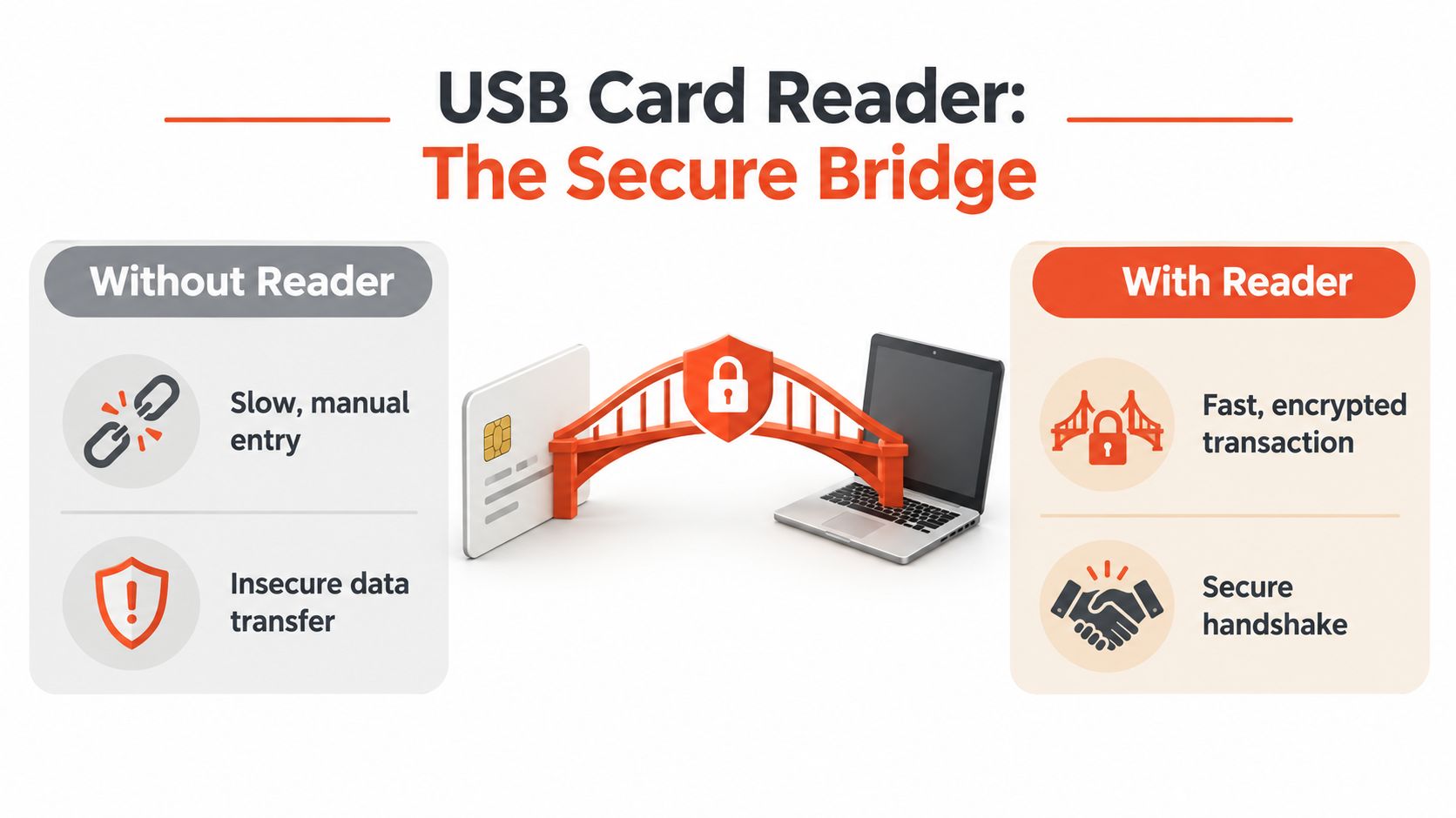 A diagram comparing secure transactions using a USB card reader versus slower, insecure manual data entry methods.
