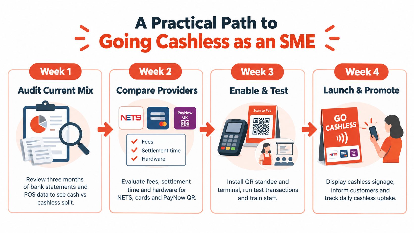 A four-week guide illustrating the practical steps for small businesses to transition to cashless payment systems.