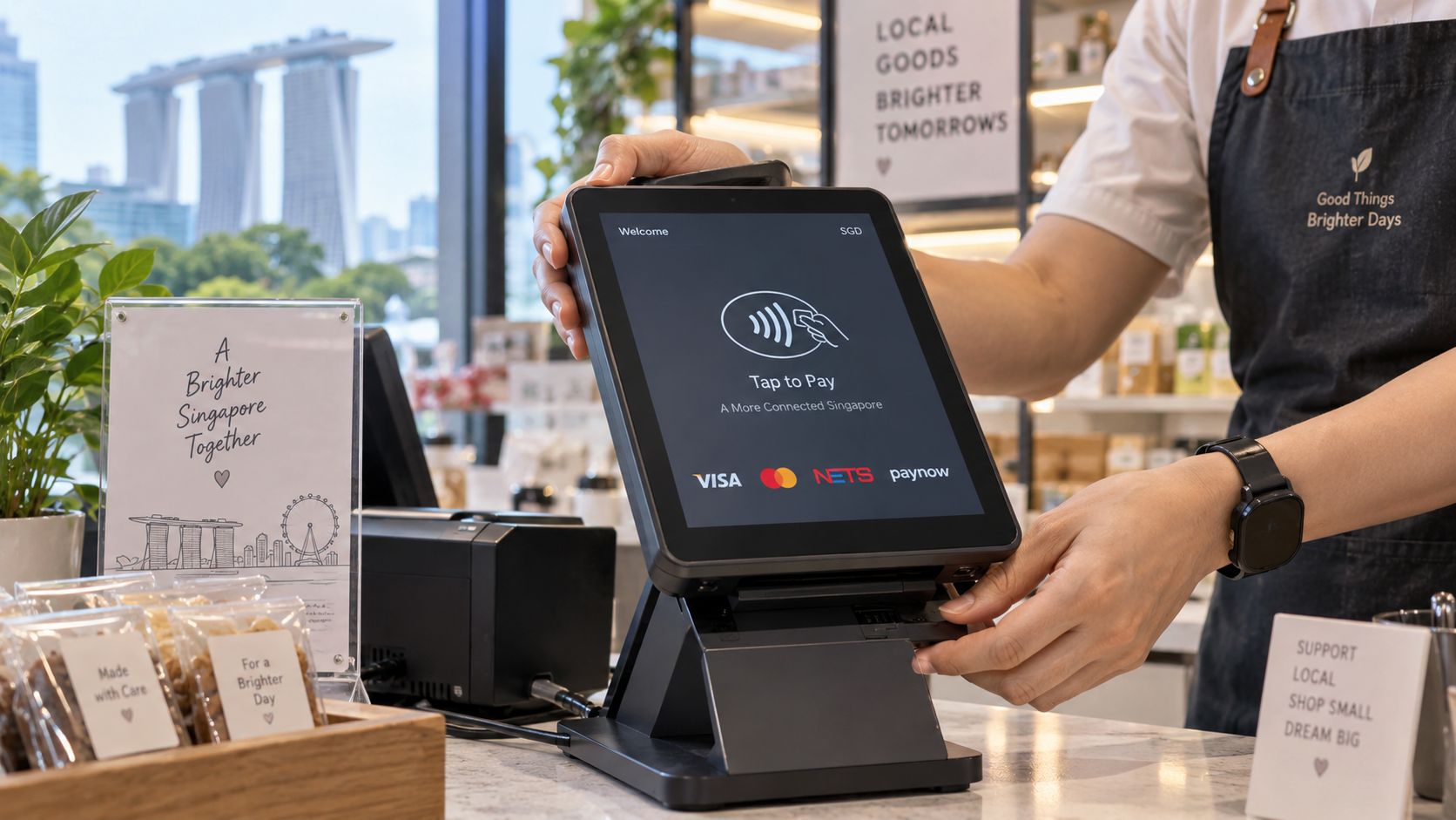 A store clerk assists a customer with a contactless payment terminal in a shop in Singapore.