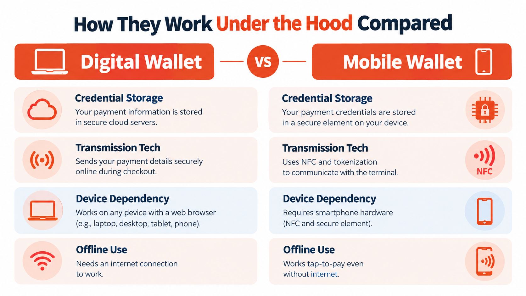 A comparison chart outlining the key technical differences between digital wallets and mobile wallets.