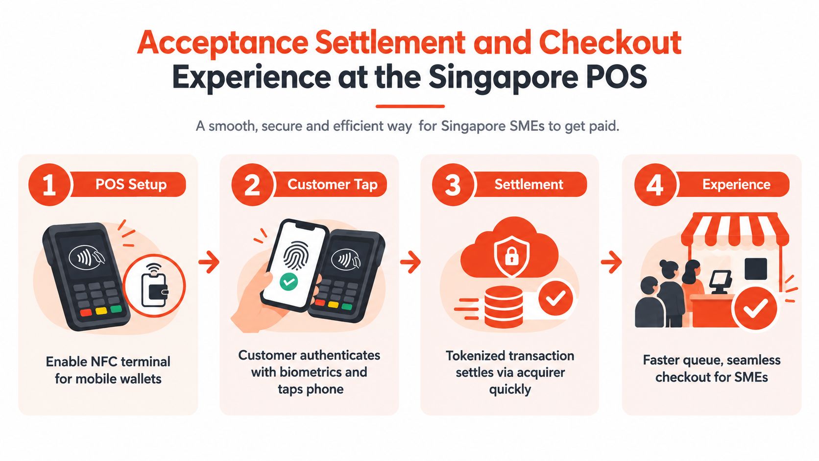 A four-step infographic illustrating the contactless payment process from POS setup to a seamless customer checkout experience.