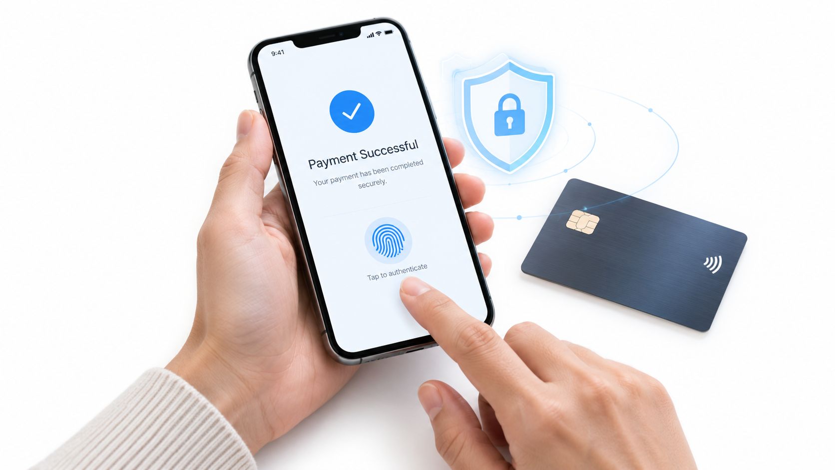 A person using a smartphone to complete a secure payment transaction with a credit card nearby.