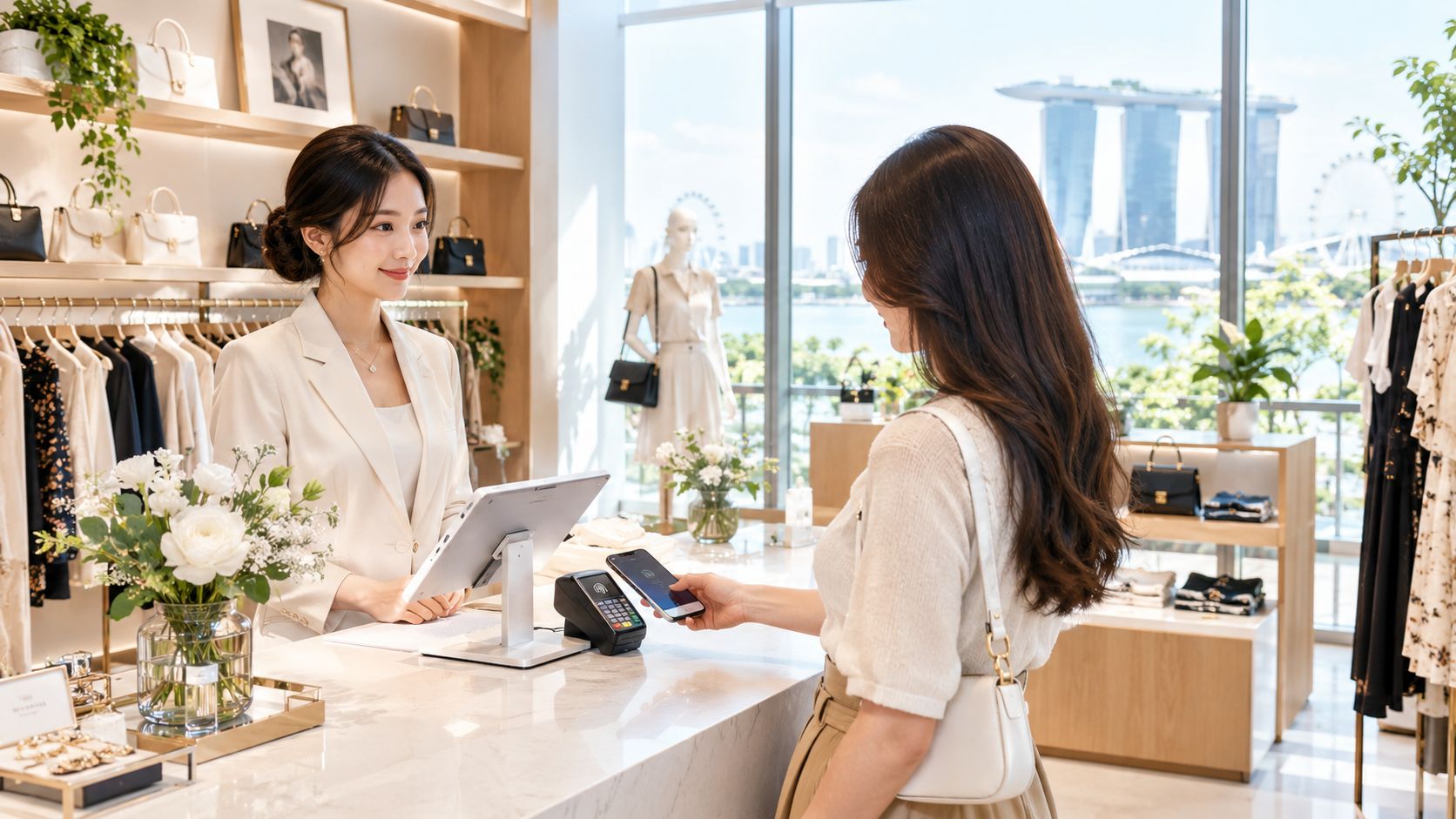 A female customer pays at a boutique counter in Singapore using mobile contactless payment technology.