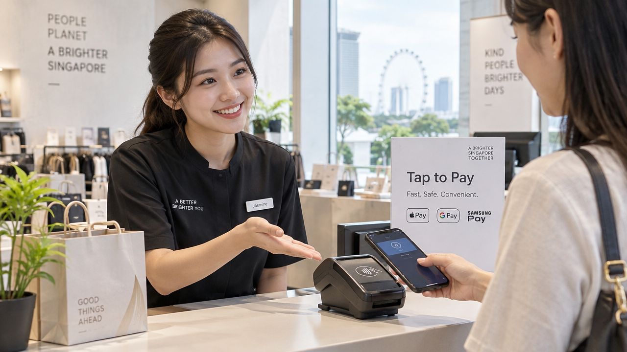 A smiling retail employee assists a customer who is paying with a contactless mobile device at checkout.