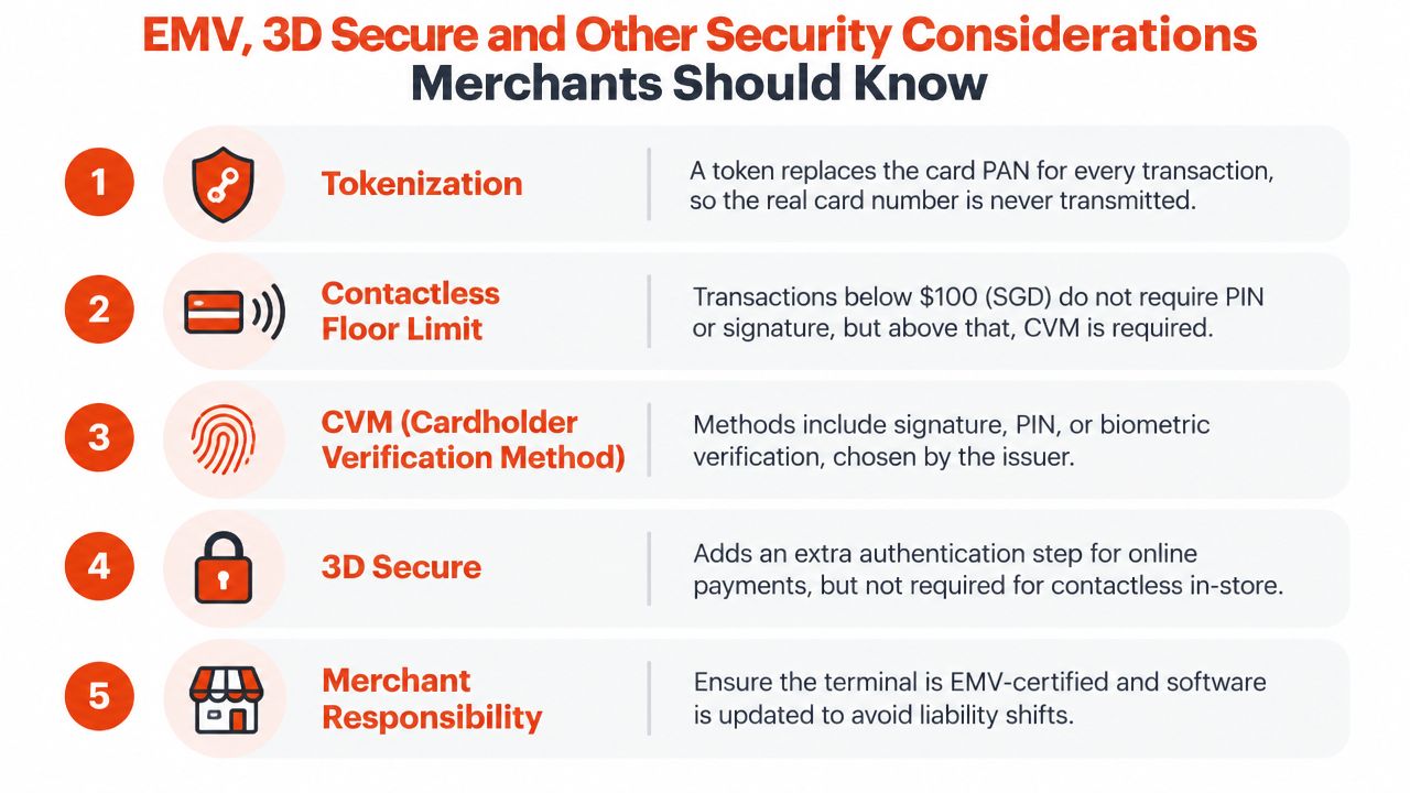 A list of five essential payment security concepts for merchants including tokenization, contactless limits, verification methods, and 3D secure.