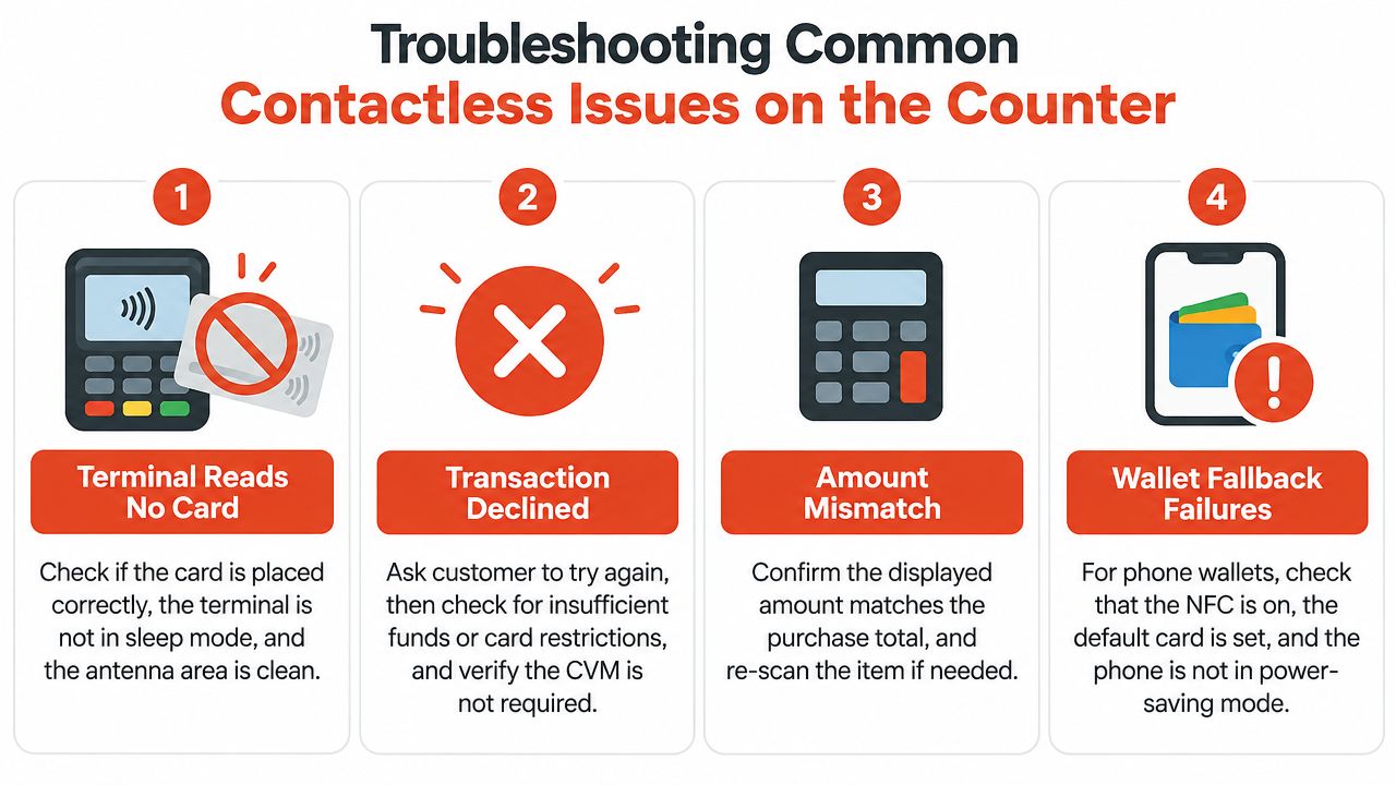 A four-step infographic providing troubleshooting tips for common contactless payment issues at retail point-of-sale terminals.