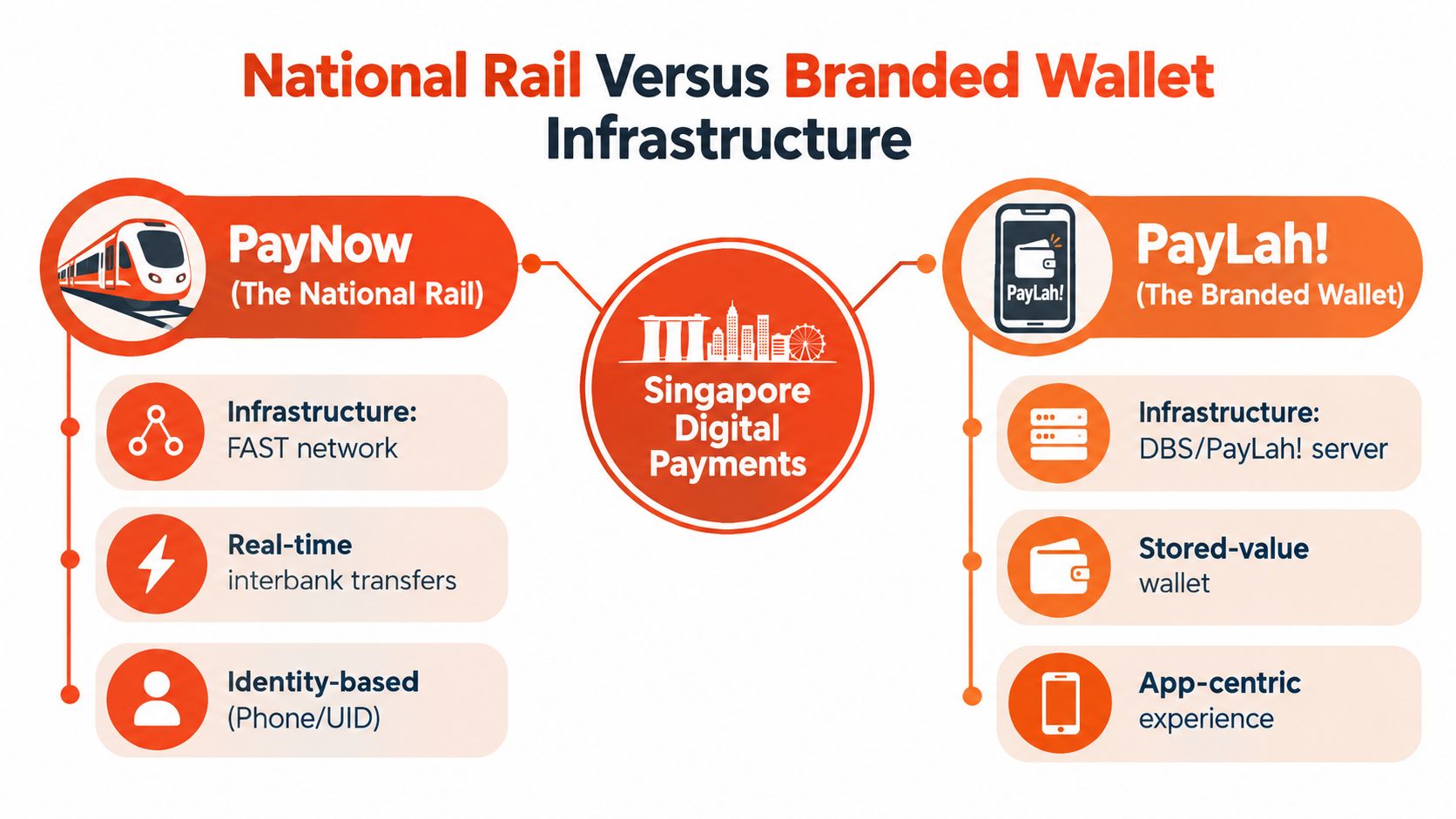 A comparison infographic between the Singaporean National Rail PayNow system and the branded digital wallet PayLah.