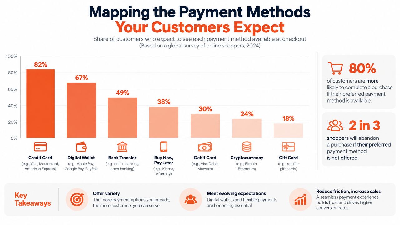A bar chart showing global consumer expectations for various online payment methods at checkout in 2024.