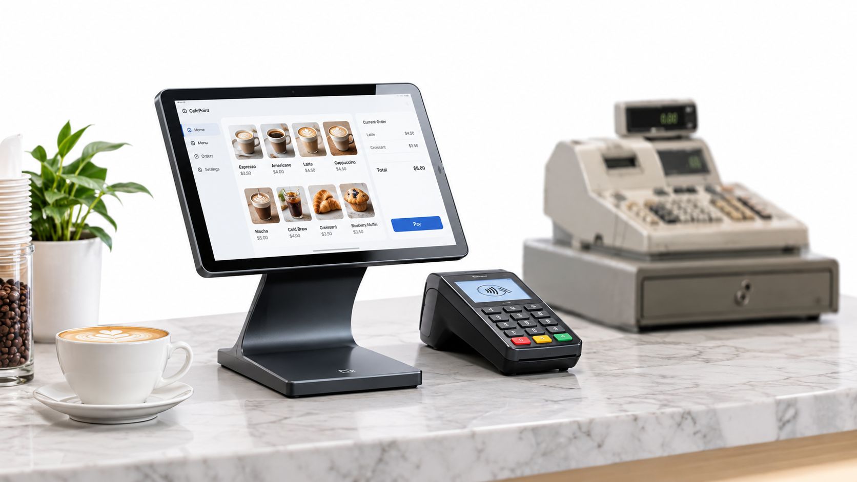 A modern touchscreen point of sale system on a marble counter next to a coffee cup.