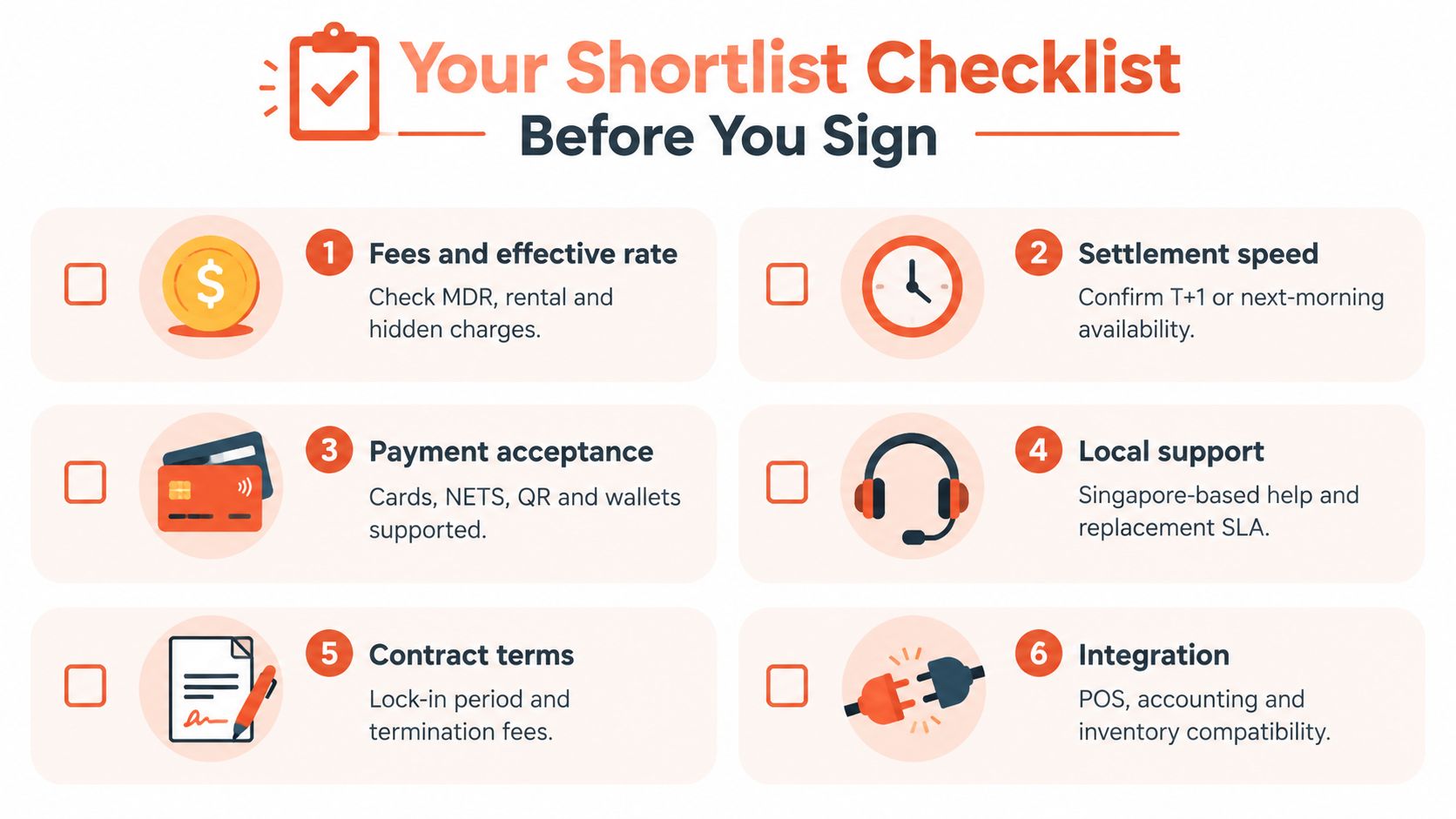 A helpful business checklist for selecting a payment terminal provider, featuring six key factors for consideration.