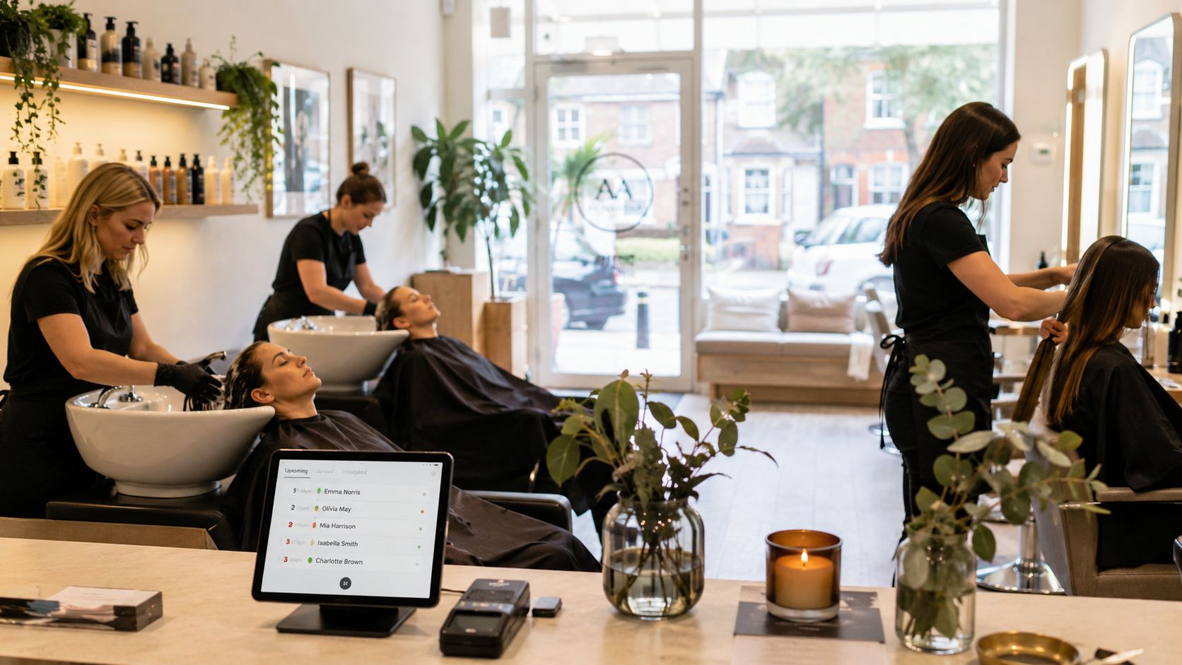 Professional hairstylists working with clients in a bright, modern salon equipped with a digital pos system.