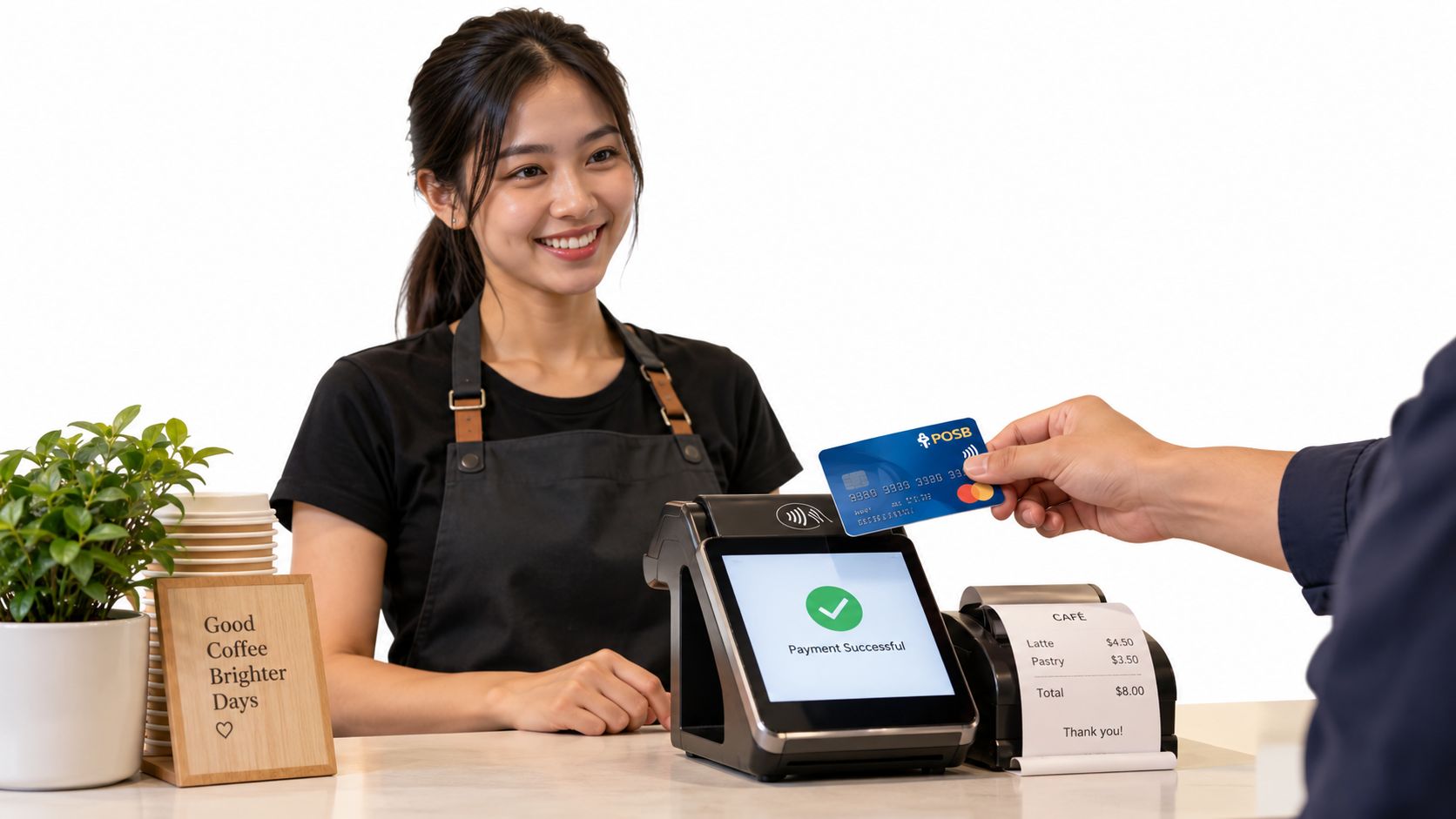 A friendly barista smiles while a customer makes a contactless payment using a POSB credit card.
