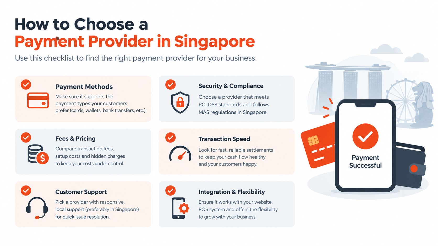 An infographic checklist for selecting a payment service provider for businesses operating in Singapore.
