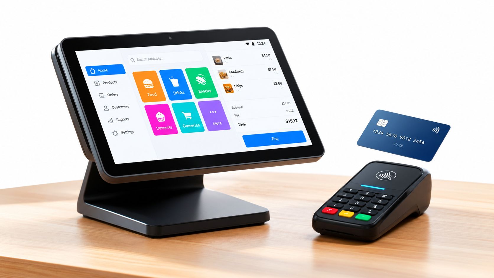 A modern point of sale system with a touchscreen display and card reader on a wooden counter.
