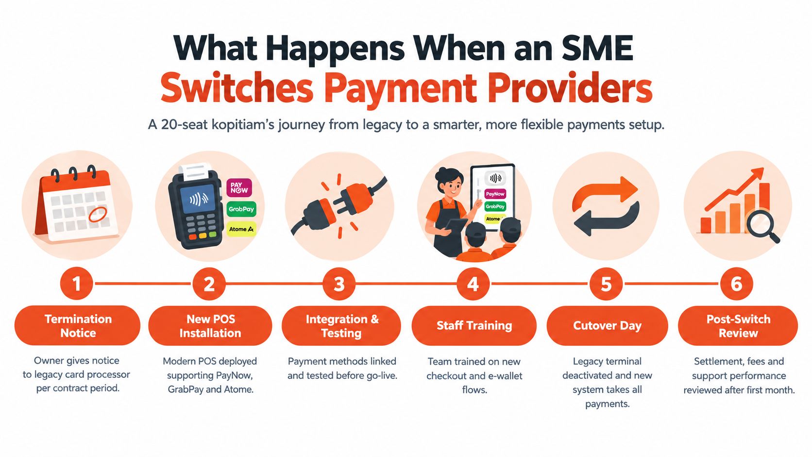 A six-step infographic illustrating the process for an SME to switch their payment provider system.