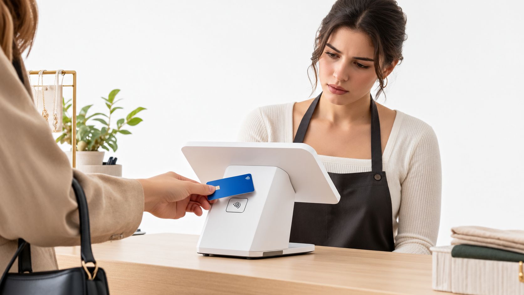 A customer pays for items at a retail store by tapping a credit card on the terminal.