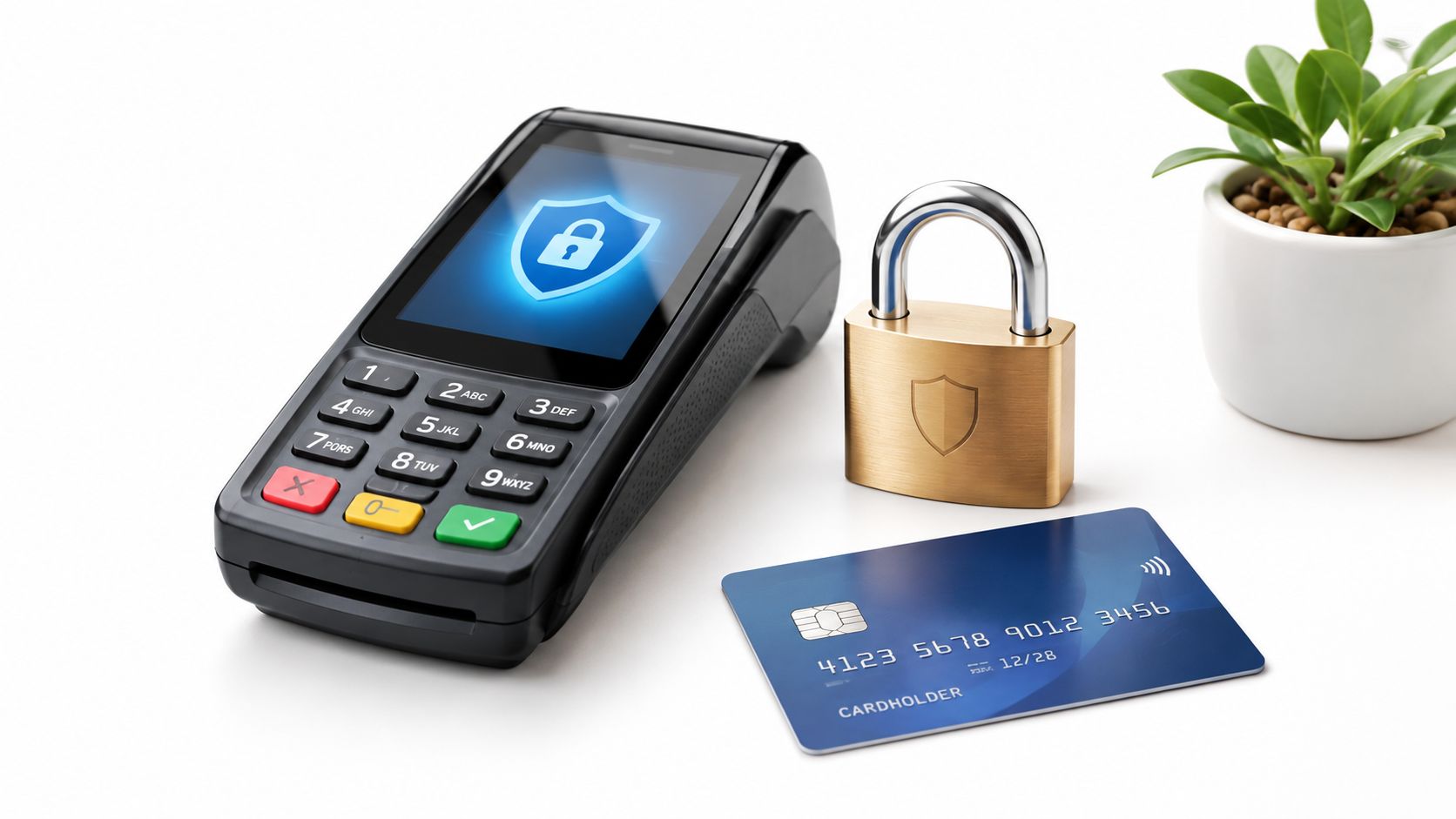 A payment terminal, a padlock, and a credit card representing secure financial transactions and payment processing.