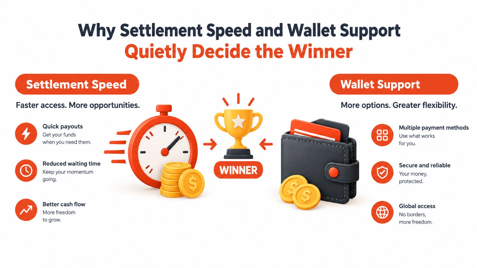 A marketing graphic highlighting why fast settlement speed and versatile wallet support are crucial for payment business success.