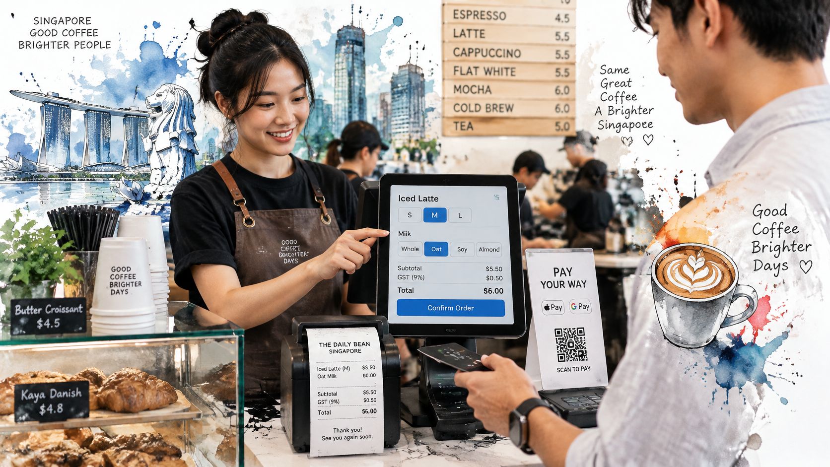 A friendly barista helps a customer process a coffee order on a modern digital point of sale screen.