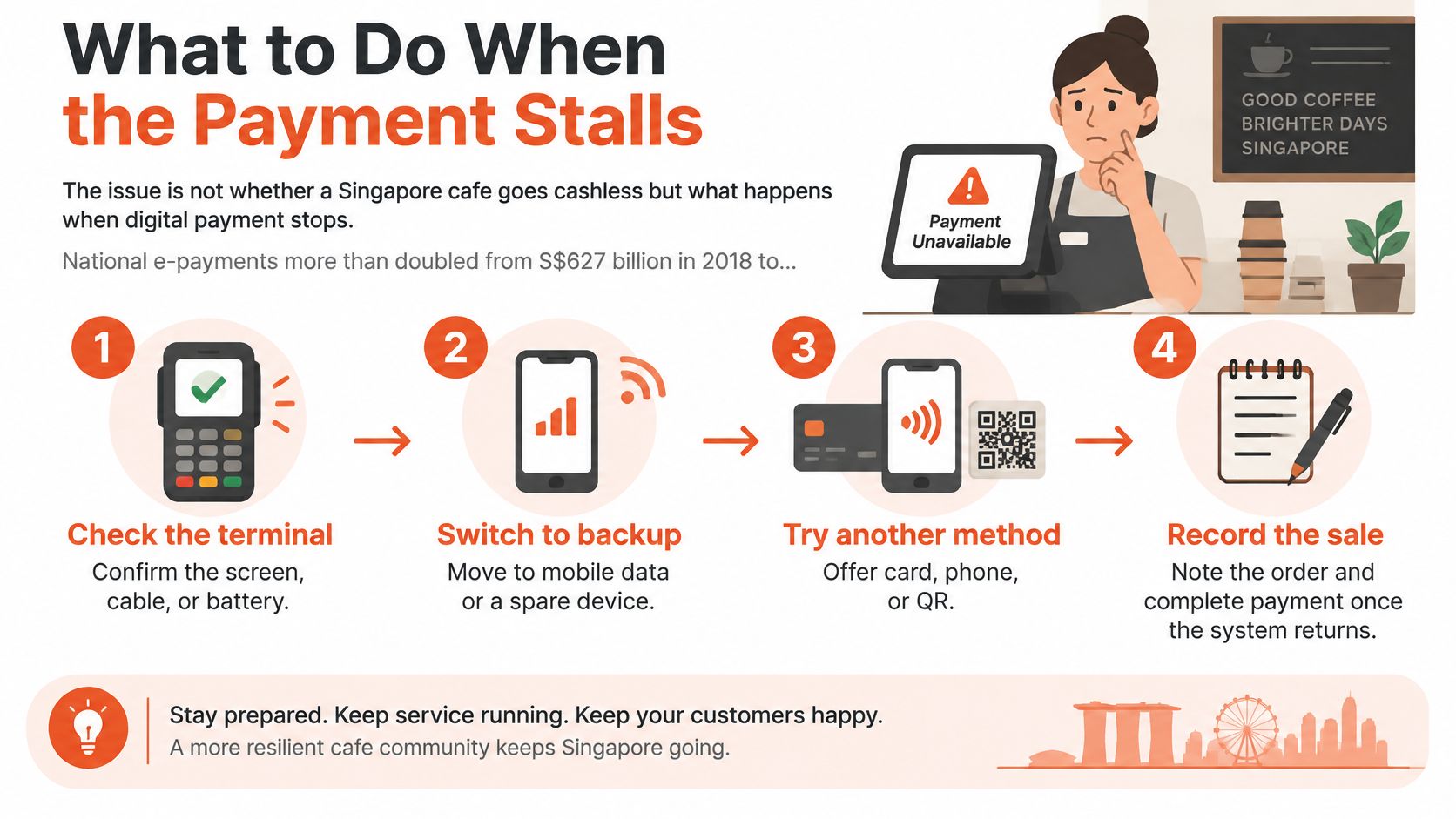 An infographic showing four simple steps for cafe staff to handle digital payment system failures effectively.