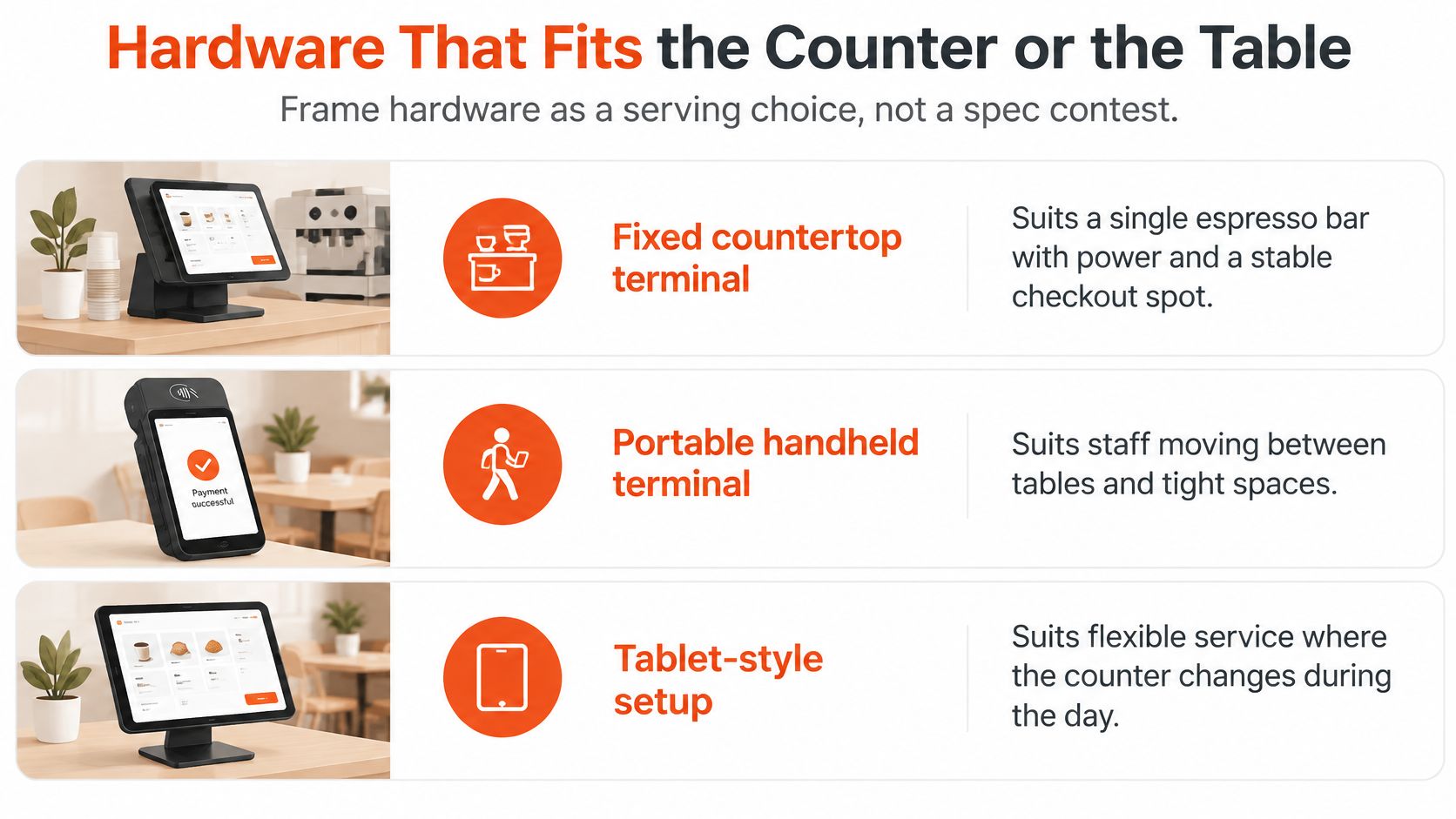 A comparison chart showing three different types of point of sale hardware for cafe and restaurant use.