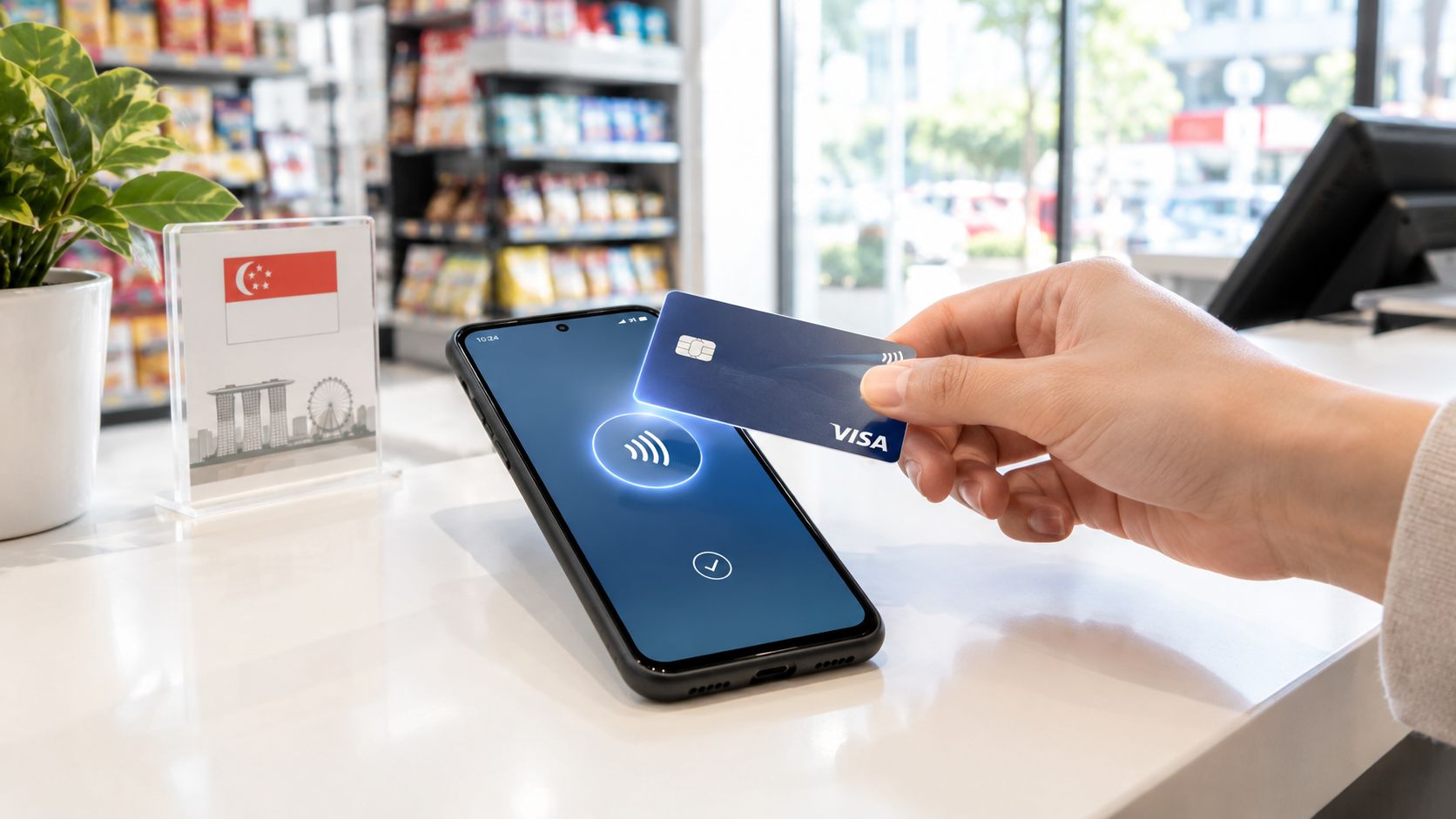 A hand holding a contactless Visa card over a smartphone placed on a store counter.
