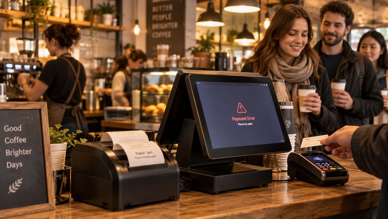 A payment error screen on a POS system at a coffee shop counter with customers waiting.