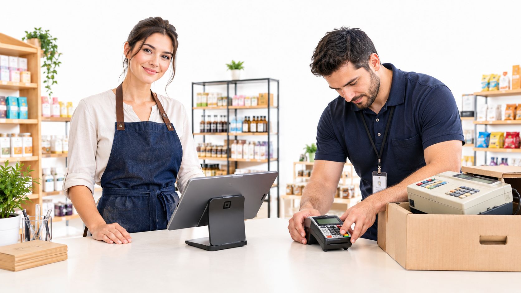 A friendly female cashier and a male customer interact at a store counter using a payment terminal.