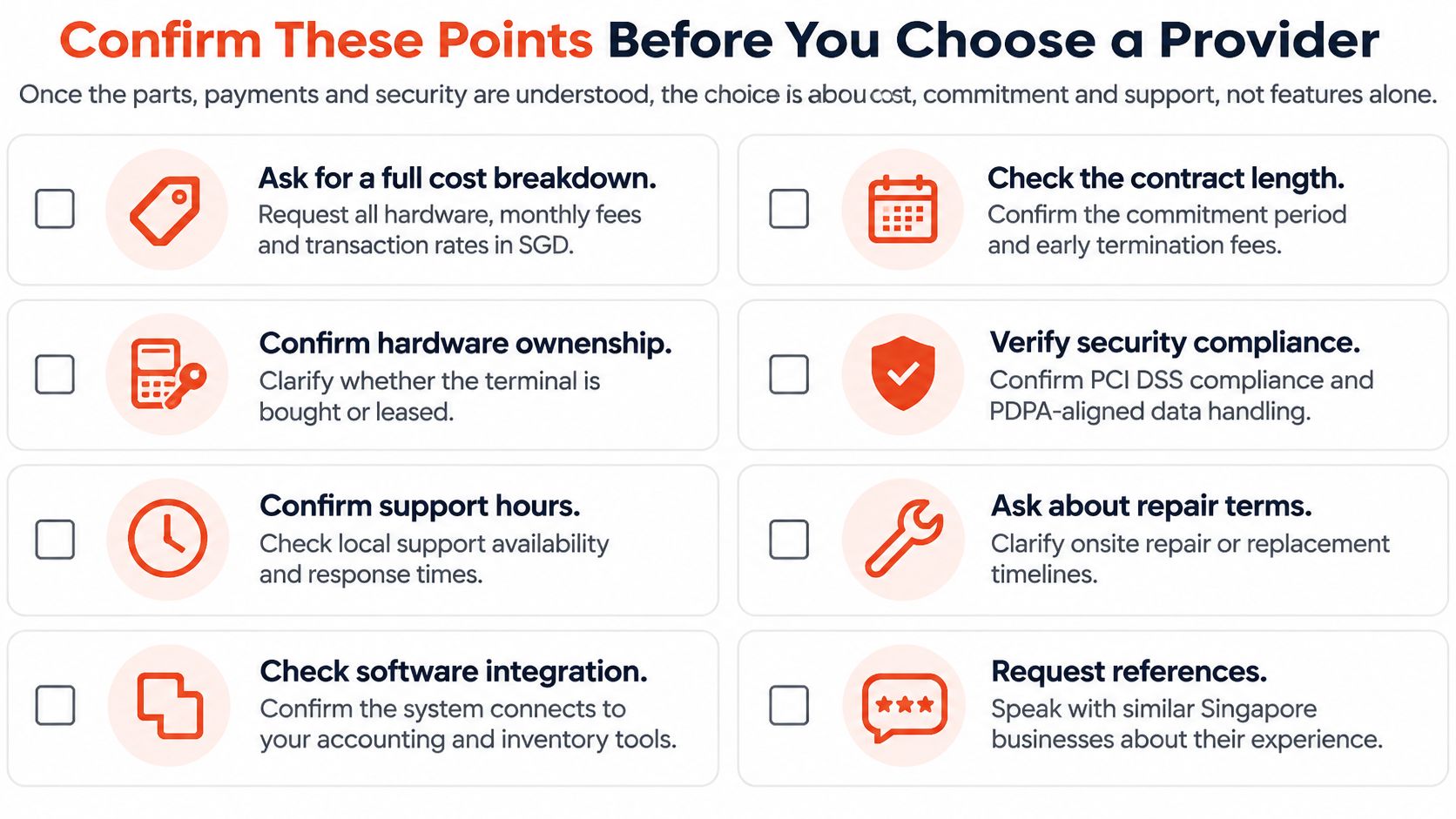 A checklist of essential factors to consider when selecting an electronic point of sale system provider.