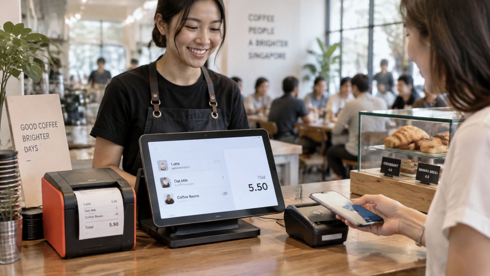 A smiling barista processing a mobile contactless payment for a customer at a cafe counter.
