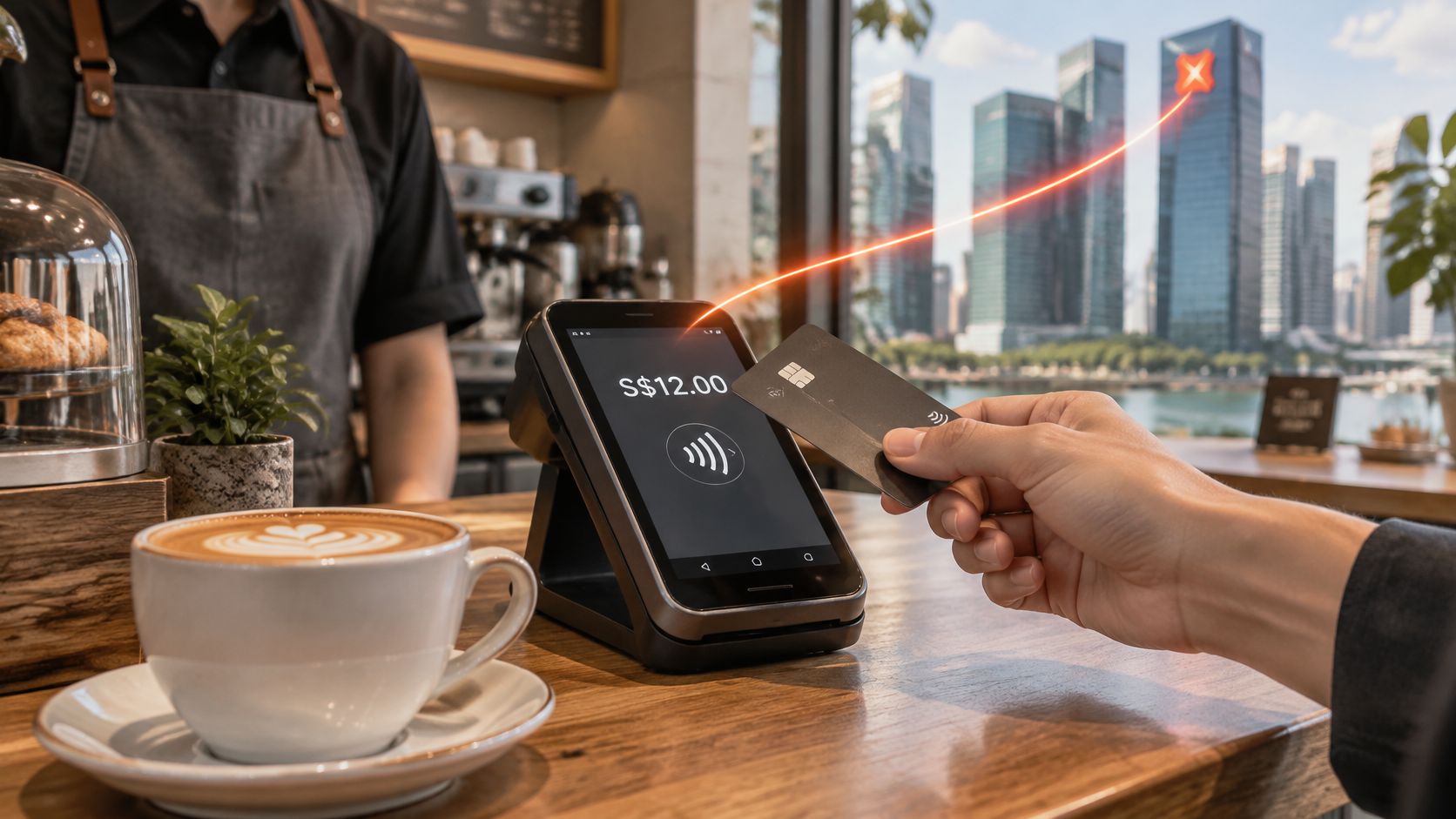 A person uses a contactless payment card at a cafe terminal in Singapore with city skyline backdrop.