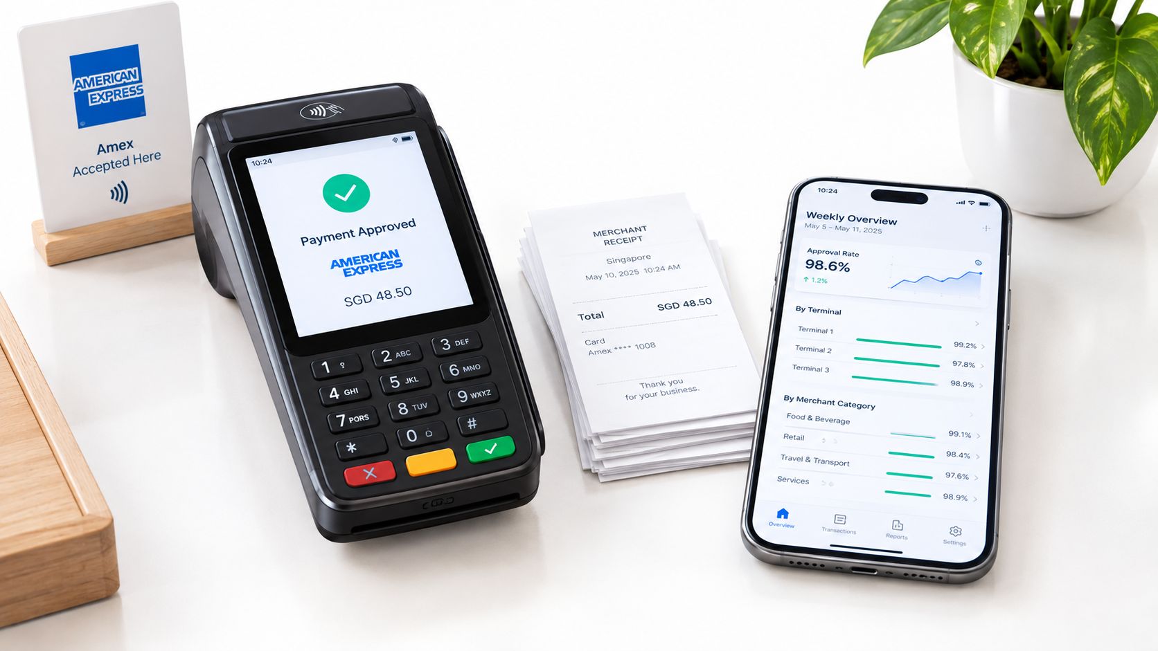 A payment terminal and smartphone displaying business analytics on a white desk next to receipts.