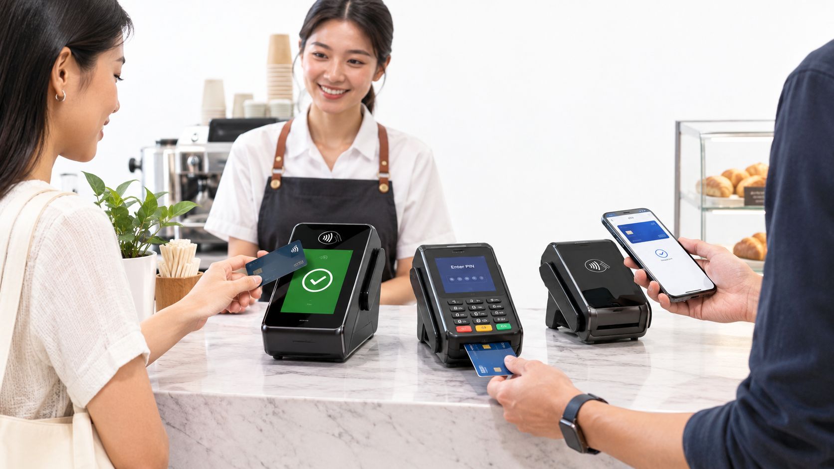Customers making contactless payments with a credit card and smartphone at a modern coffee shop counter