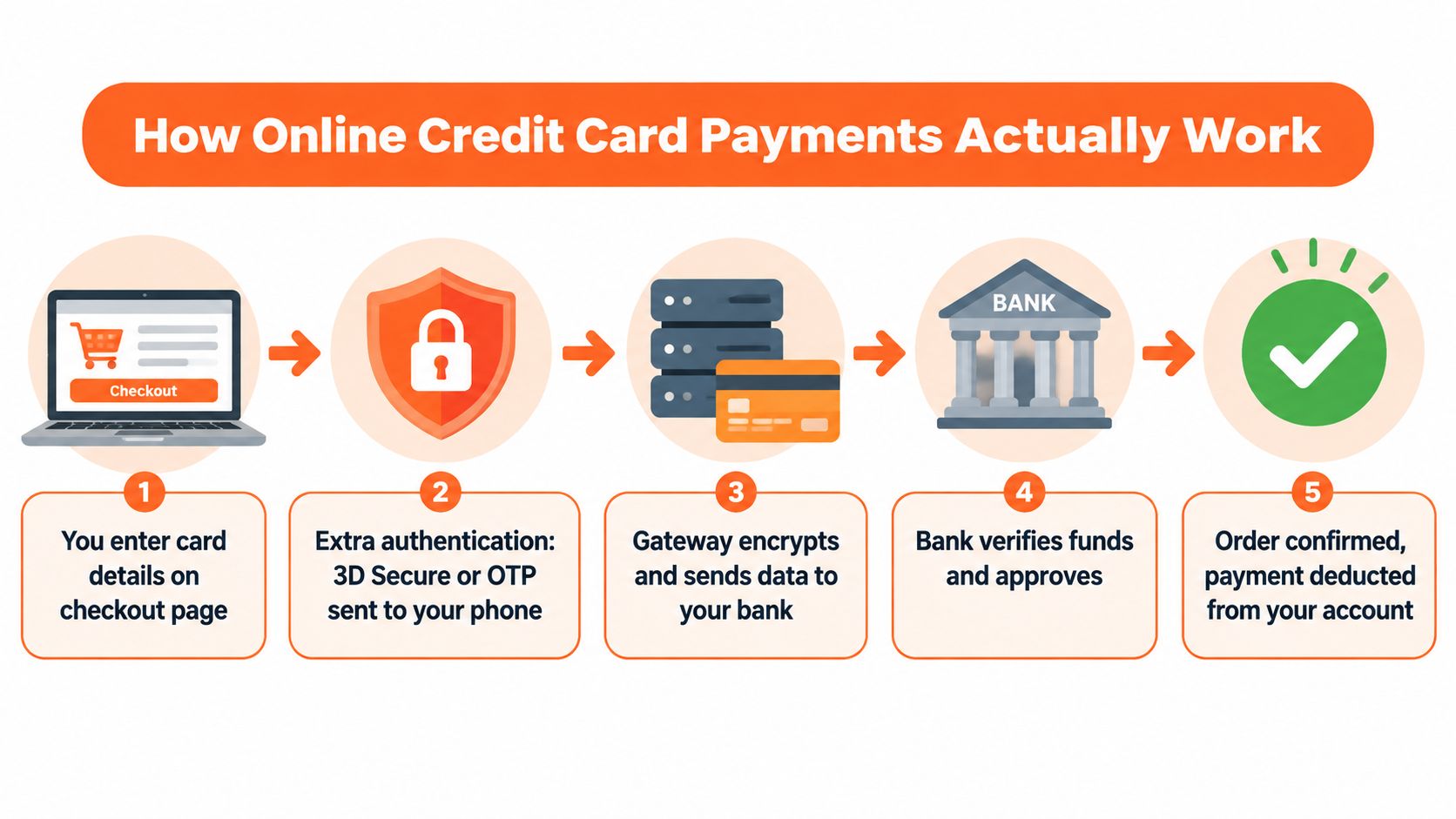 A five-step infographic showing how online credit card payments work from checkout to transaction approval.