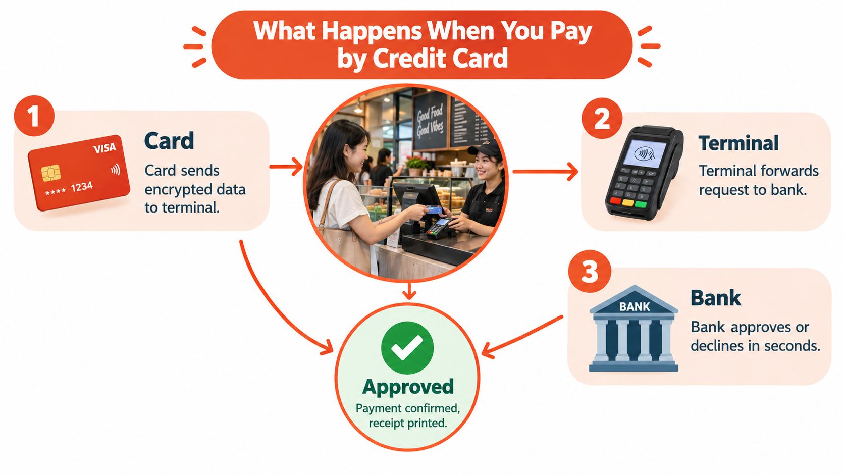 A diagram illustrating the step-by-step process of paying with a credit card at a retail store.