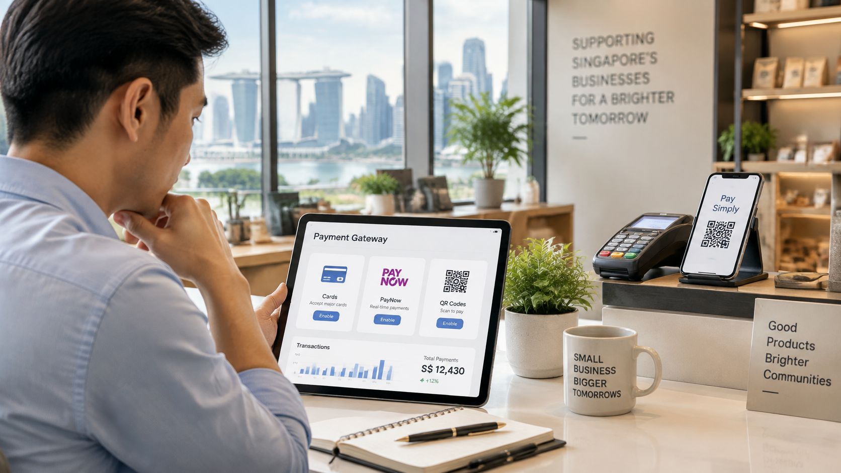 A business owner in Singapore looks at a payment gateway dashboard on a tablet at a storefront.